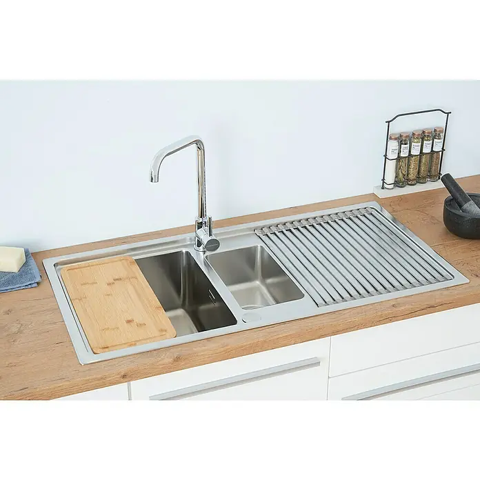 Respekta Fregadero encastrable Chicago - 100 x 50 cm, Acero inoxidable - Fregadero de cocina con escurridor, cubetas y tabla de cortar sobre una encimera moderna. Diseño práctico para cualquier cocina.
