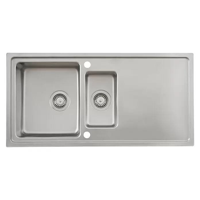 Respekta Fregadero encastrable Chicago - 100 x 50 cm, Acero inoxidable - Fregadero de cocina de acero inoxidable con cubeta grande y pequeña, escurridor y dos orificios de grifo.