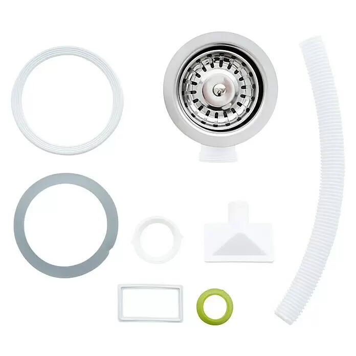 Respekta Fregadero encastrable Dallas - 86 x 50 cm, Acero inoxidable - Kit completo de desagüe de fregadero con colador de acero inoxidable, tubo corrugado blanco y juntas de goma surtidas.