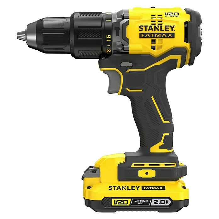 Stanley FatMax Akku-Schlagbohrschrauber SFMCD715D2K-QW - 18 V, 2 Akkus, 60 Nm - Stanley Fatmax V20 Akku-Bohrschrauber in Gelb und Schwarz für professionelle Bohrarbeiten.