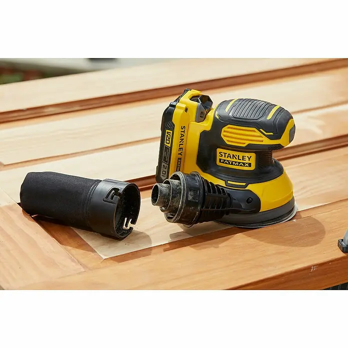 Stanley FatMax Akku-Exzenterschleifer SFMCW220D1S-QW - 18 V, 1 Akku, Durchmesser Schleifteller: 125 mm - Der Stanley Fatmax V20 Akku-Exzenterschleifer mit Staubbeutel für effizientes Schleifen und Staubabsaugung auf Holzoberflächen.