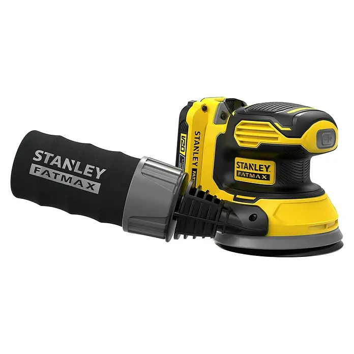 Stanley FatMax Akku-Exzenterschleifer SFMCW220D1S-QW18 V, 1 Akku, Durchmesser Schleifteller: 125 mm - Der Stanley Fatmax V20 Akku-Exzenterschleifer ist ein gelbes und schwarzes Elektrowerkzeug mit einem Staubbeutel.