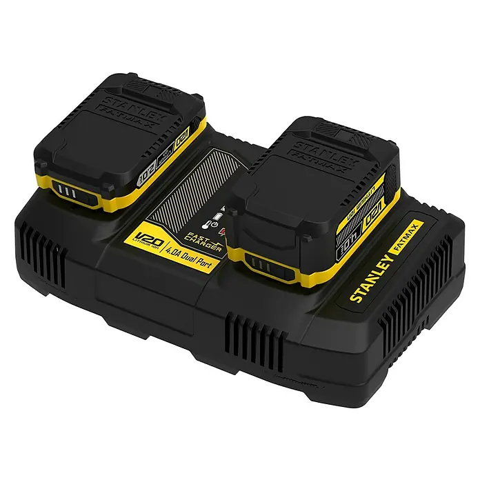 Stanley FatMax Dual-Ladegerät SFMCB24-QW - 18 V, 4 Ah - Doppel-Ladegerät mit zwei Stanley Fatmax Akkus. Das Ladegerät ist schwarz und gelb. Die Akkus sind ebenfalls schwarz und gelb.