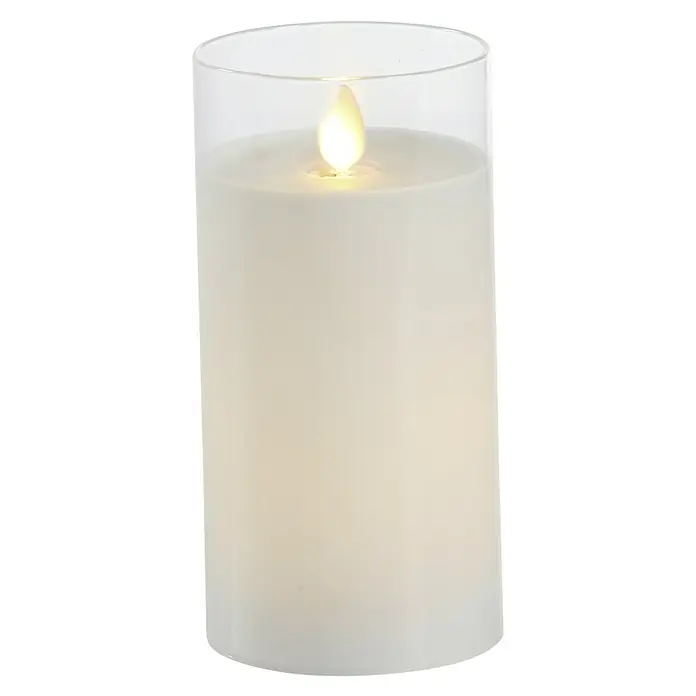 Vela con LED Puro - Ø x Al: 7,5 x 15 cm, Blanco, Cera natural - Una vela LED blanca cilíndrica en un cilindro de vidrio transparente, que emite un parpadeo cálido y realista y crea un ambiente acogedor.