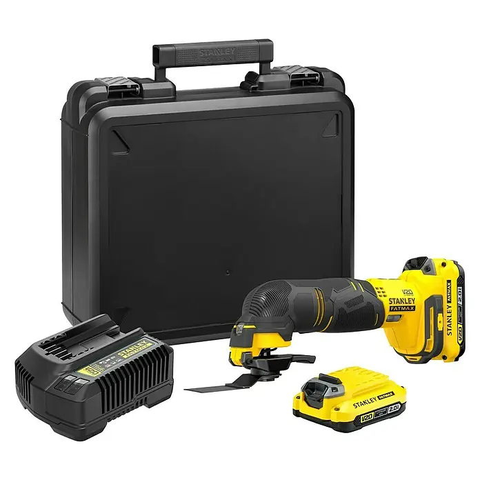 Stanley FatMax Akku-Multifunktionswerkzeug SFMCE500D2K-QW - 18 V, 2 Akkus, 2 Ah - Stanley FATMAX V20 oszillierendes Multifunktionswerkzeug-Set mit Akkus, Ladegerät und Koffer für vielseitige Anwendungen.
