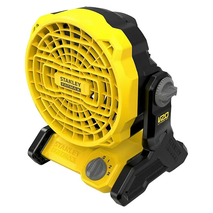 Stanley FatMax Akku-Ventilator SFMCE001B-XJ - 18 V, Ohne Akku, Luftmenge: 1.100 m³/h - Ein gelb-schwarzer STANLEY FATMAX Akku-Ventilator, ideal für Baustellen, Werkstätten und den Einsatz im Freien.