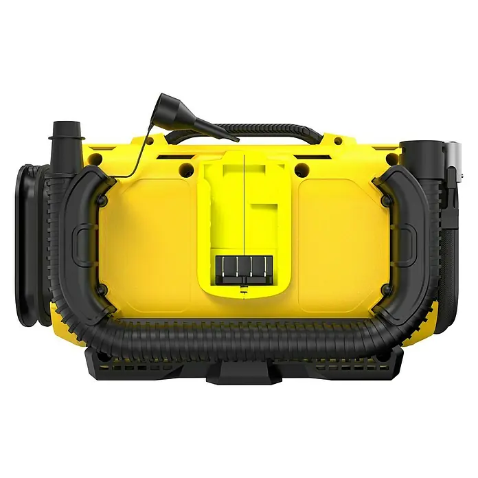 Stanley FatMax Akku-Kompressor SFMCE520B-QW - 18 V, Ohne Akku, 11 bar - Nahaufnahme eines gelben Baustellenradios mit schwarzem Tragegriff und Antenne. Das Radio ist robust und für den Einsatz im Freien konzipiert.