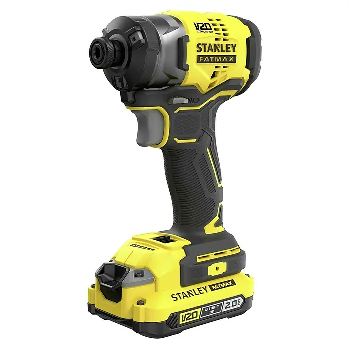 Stanley FatMax Akku-Schlagschrauber SFMCF820D2K-QW - 18 V, 2 Akkus, 2 Ah, 190 Nm - Nahaufnahme des Stanley Fatmax V20 Akku-Schlagschraubers mit gelbem und schwarzem Design.