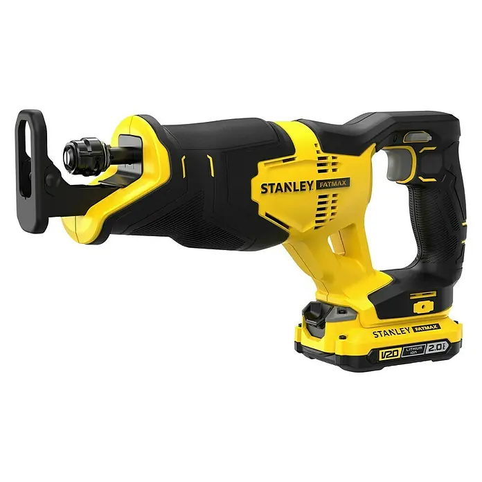 Stanley FatMax Akku-Säbelsäge SFMCS300D2K-QW - 18 V, 2 Akkus, 2 Ah, 0 /min - 3.000 /min - Nahaufnahme einer Stanley Fatmax Akku-Säbelsäge in Schwarz und Gelb mit 2,0-Ah-Akku. Ideal für verschiedene Schneidarbeiten.