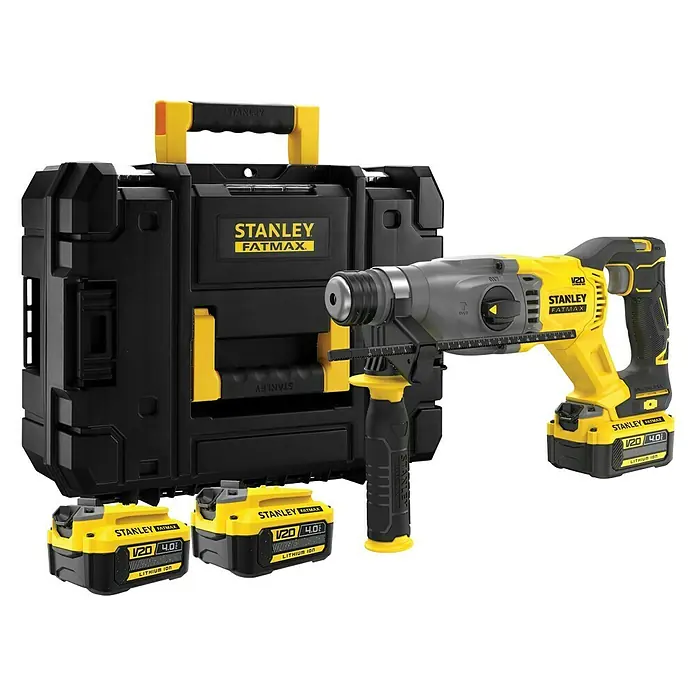 Stanley FatMax Akku-Kombihammer SFMCH900M22-QW - 18 V, 2 Akkus, 4 Ah, 2 J - Stanley Fatmax V20 Akku-Bohrhammer mit zwei 20V Akkus und Werkzeugkoffer. Leistungsstark und vielseitig für Heimwerker- und Profi-Anwendungen.