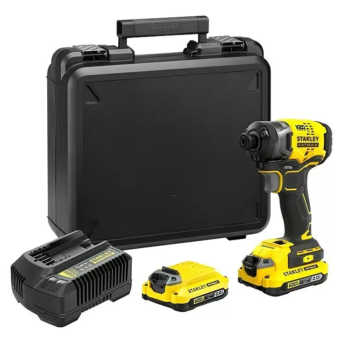 Stanley FatMax Akku-Schlagschrauber SFMCF820D2K-QW - 18 V, 2 Akkus, 2 Ah, 190 Nm - Stanley Fatmax V20 Schlagschrauber-Set mit Koffer, Ladegerät und zwei Akkus in Gelb und Schwarz.