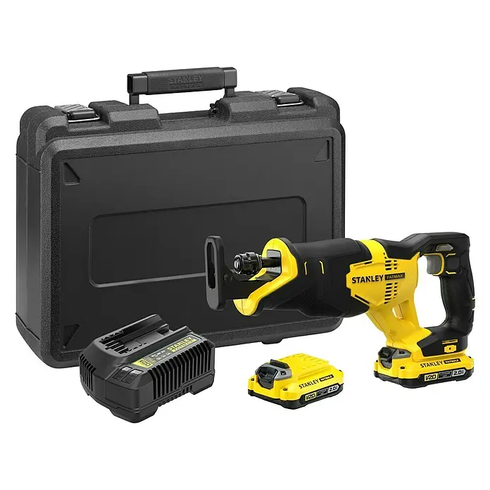Stanley FatMax Akku-Säbelsäge SFMCS300D2K-QW - 18 V, 2 Akkus, 2 Ah, 0 /min - 3.000 /min - Abgebildet ist eine STANLEY FATMAX Säbelsäge mit Zubehör: Akku, Ladegerät und Werkzeugkoffer.