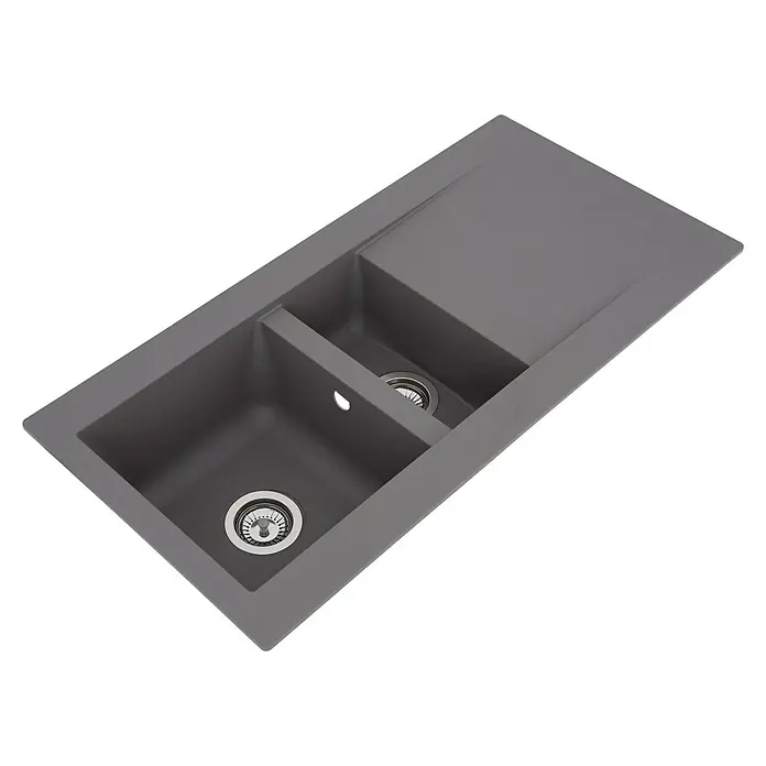 Respekta Einbauspüle Denver - 50 x 100 cm, Anzahl Becken: 1,5 Stk., Betongrau - Eine moderne, graue Küchenspüle mit zwei Becken und einer Abtropffläche, ideal für jede Küche. Die Spüle ist robust und stilvoll.