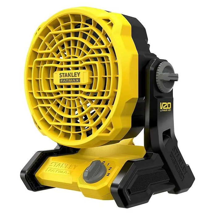 Stanley FatMax Akku-Ventilator SFMCE001B-XJ - 18 V, Ohne Akku, Luftmenge: 1.100 m³/h - Der gelbe und schwarze Stanley Fatmax Ventilator mit Akku ist ein tragbares Gerät, das für Baustellen und den mobilen Einsatz konzipiert ist.