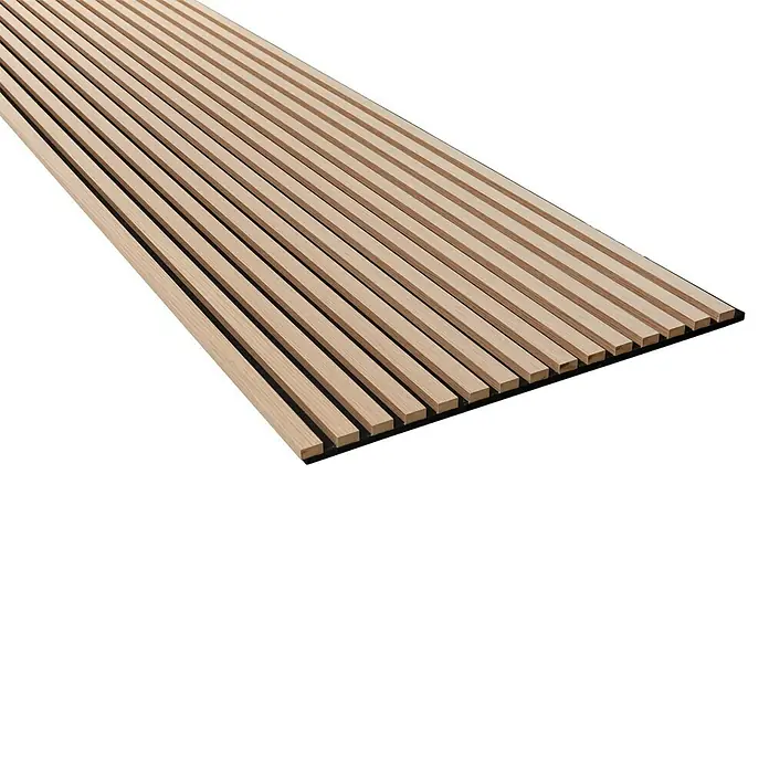 FibroTech Akustikpaneel Unika 25 - Light Oak, 2.440 x 600 x 22 mm - Elegante Akustikpaneele mit Holzlamellen auf schwarzem Filz für eine moderne Wandgestaltung.