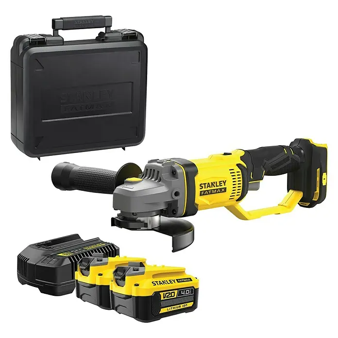 Stanley FatMax Akku-Winkelschleifer SFMCG700M2K-QW - 2 Akkus, 4 Ah, Durchmesser Scheibe: 125 mm - Stanley Fatmax Akku-Winkelschleifer mit Akkus und Zubehör im robusten Tragekoffer für den sicheren Transport.