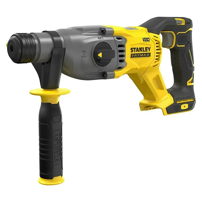 Stanley FatMax Akku-Kombihammer SFMCH900B-XJ - 18 V, Ohne Akku, 2 J - Ein gelb-grauer Stanley Fatmax V20 Akku-Bohrhammer mit schwarzem Griff für kraftvolle Bohrarbeiten.
