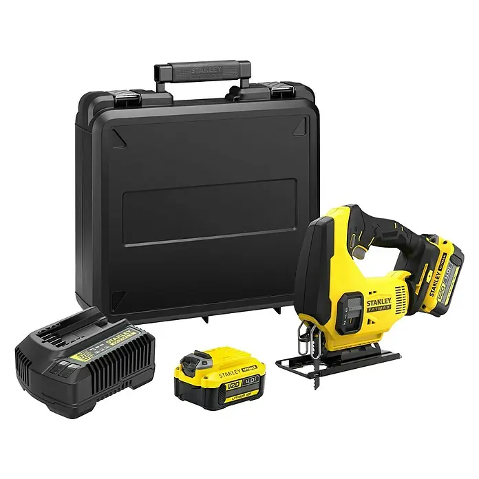 Stanley FatMax Akku-Pendelhubstichsäge SFMCS600M2K-QW - 18 V, Anzahl Akkus: 2 Akkus, Kapazität: 4 Ah, Leerlaufhubzahl: 0 /min - 2.500 /min - Stanley Fatmax Akku-Stichsäge-Set mit Ladegerät, Akku und Werkzeugkoffer für präzise Holzschnitte.