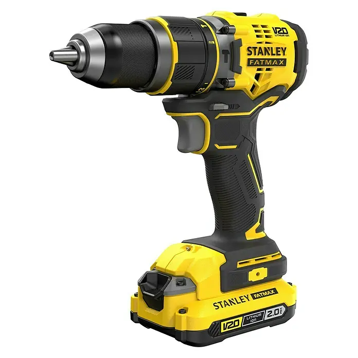 Stanley FatMax Akku-Schlagbohrschrauber SFMCD721D2K-QW - 18 V, 2 Akkus, 2 Ah, 80 Nm - Nahaufnahme eines Stanley Fatmax V20 Akku-Bohrschraubers in Gelb und Schwarz.