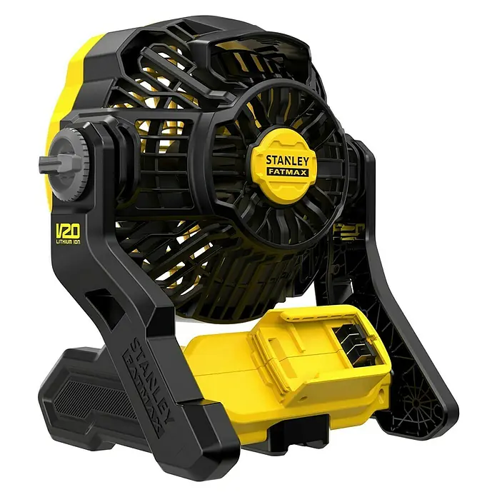 Stanley FatMax Akku-Ventilator SFMCE001B-XJ - 18 V, Ohne Akku, Luftmenge: 1.100 m³/h - Akkubetriebener Stanley Fatmax Ventilator in Schwarz und Gelb. Der Ventilator ist tragbar und für Baustellen geeignet.