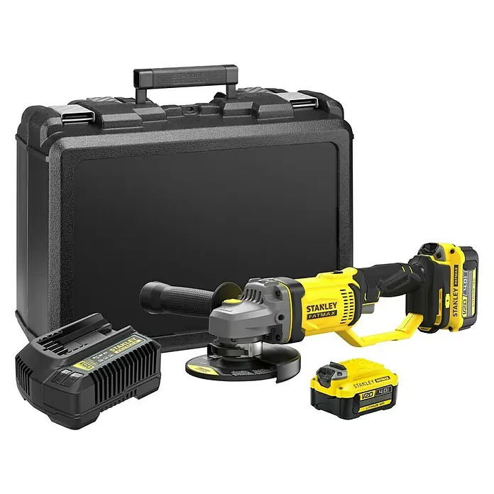Stanley FatMax Akku-Winkelschleifer SFMCG400M2K-QW - 2 Akkus, 4 Ah, Durchmesser Scheibe: 125 mm, 9.000 U/min - Stanley Fatmax Akku-Winkelschleifer-Set mit Akkus, Ladegerät und Koffer für den komfortablen und kabellosen Einsatz bei Schleifarbeiten.