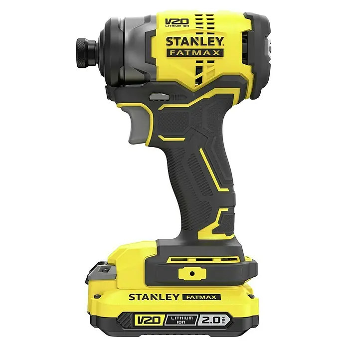 Stanley FatMax Akku-Schlagschrauber SFMCF810D2K-QW - 18 V, 2 Akkus, 2 Ah, 170 Nm - Nahaufnahme eines gelb-schwarzen Stanley Fatmax V20 Akku-Schlagschraubers mit austauschbarem Akku.