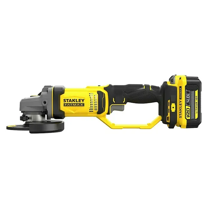 Stanley FatMax Akku-Winkelschleifer SFMCG400M2K-QW - 2 Akkus, 4 Ah, Durchmesser Scheibe: 125 mm, 9.000 U/min - Akkubetriebener Stanley Fatmax Winkelschleifer mit gelbem und schwarzem Gehäuse.