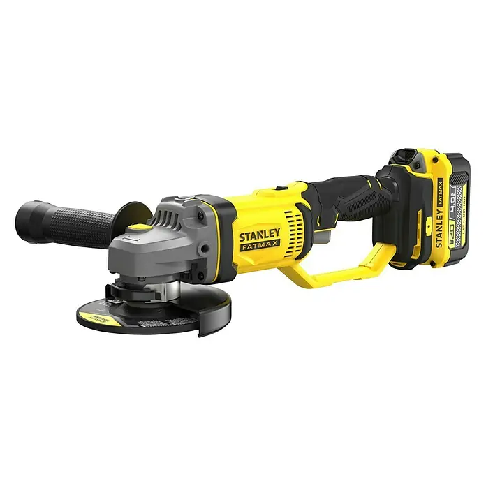 Stanley FatMax Akku-Winkelschleifer SFMCG400M2K-QW - 2 Akkus, 4 Ah, Durchmesser Scheibe: 125 mm, 9.000 U/min - Akkubetriebener Stanley Fatmax Winkelschleifer in Gelb und Grau, ideal für Schleifarbeiten mit hoher Leistung und Flexibilität.