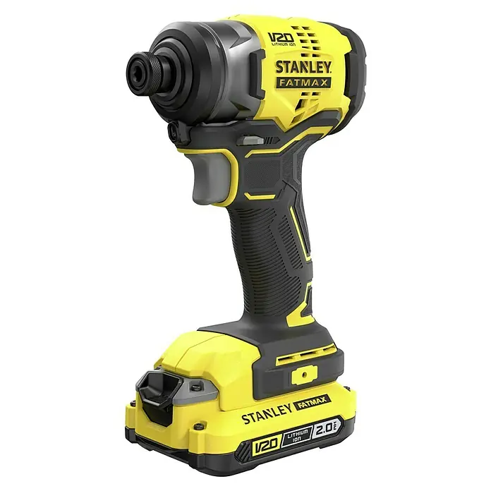 Stanley FatMax Akku-Schlagschrauber SFMCF810D2K-QW - 18 V, 2 Akkus, 2 Ah, 170 Nm - Abbildung eines gelben und schwarzen Stanley Fatmax V20 Akku-Schlagschraubers mit Lithium-Ionen-Akku.