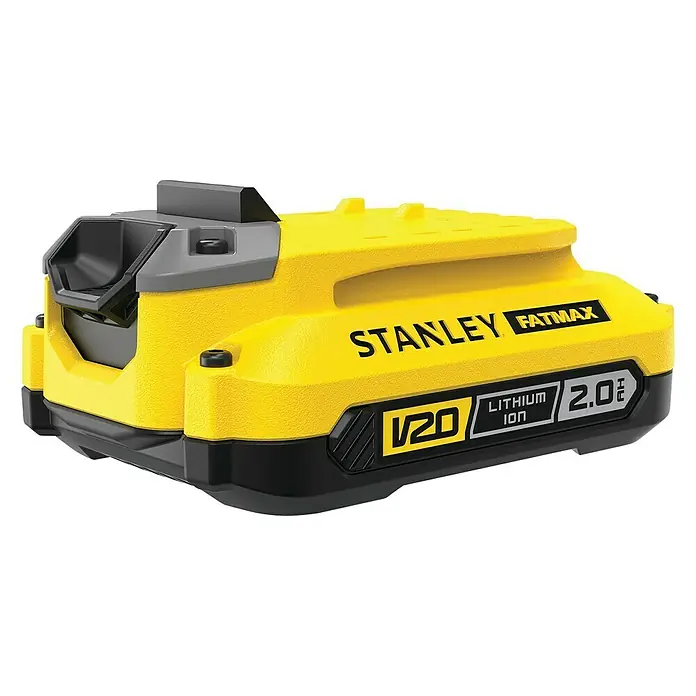 Stanley FatMax Akku SFMCB202-XJ - 18 V, 2 Ah - Abbildung einer Stanley Fatmax V20 2.0Ah Lithium-Ionen-Batterie. Die Batterie ist gelb und schwarz mit dem Stanley Fatmax Logo.