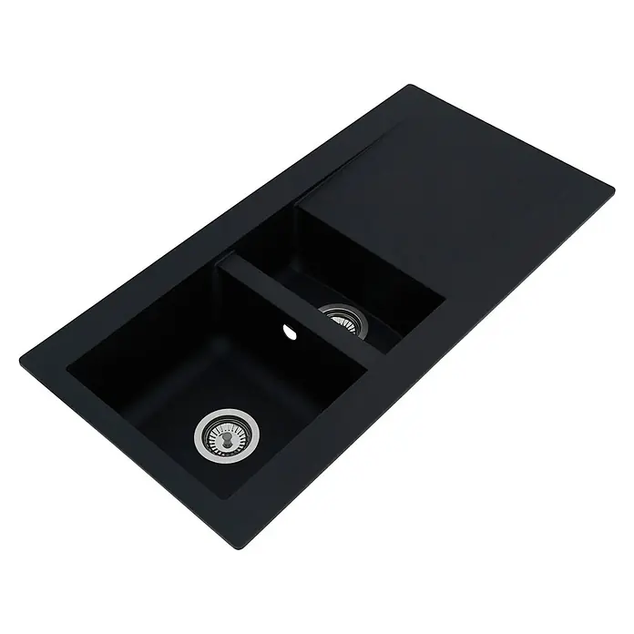 Respekta Einbauspüle Denver - 50 x 100 cm, Anzahl Becken: 1,5 Stk., Schwarz - Schwarze Doppelspüle mit Abtropffläche. Das elegante Design ist eine Bereicherung für jede moderne Küche.