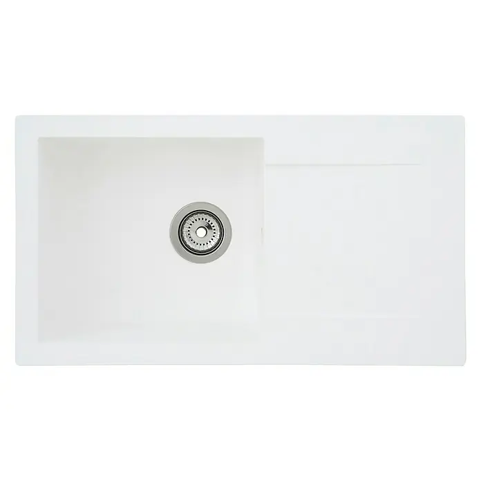 Respekta Einbauspüle Denver - 78 x 43,5 cm, Weiß - Nahaufnahme eines weißen Spülbeckens mit einem Abfluss aus rostfreiem Stahl, ideal für moderne Küchen.