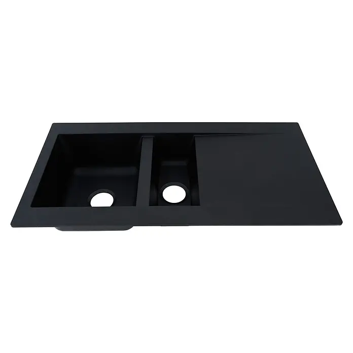 Respekta Einbauspüle Denver - 50 x 100 cm, Anzahl Becken: 1,5 Stk., Schwarz - Eine moderne, schwarze Küchenspüle mit zwei Becken und einer Abtropffläche. Die Spüle besticht durch ihr minimalistisches und elegantes Design.