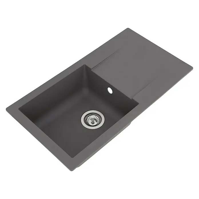 Respekta Einbauspüle Denver - 78 x 43,5 cm, Grau - Detaillierte Ansicht einer modernen, eckigen Küchenspüle mit Abtropffläche in dunklem Grau, ideal für zeitgemäße Küchen.