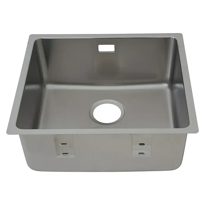Respekta Fregadero encastrable Detroit - 44 x 49 cm, Acero inoxidable - Primer plano de un fregadero moderno de acero inoxidable con desagüe central y rebosadero rectangular para mobiliario de cocina.