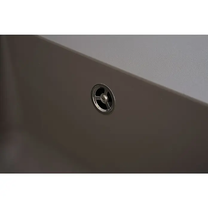 Respekta Einbauspüle Denver - 86 x 50 cm, Betongrau, Anzahl Becken: 1 Stk. - Nahaufnahme eines grauen Waschbeckens mit einem runden, metallischen Abflussstopfen in der Mitte, der das Wasser abfließen lässt.