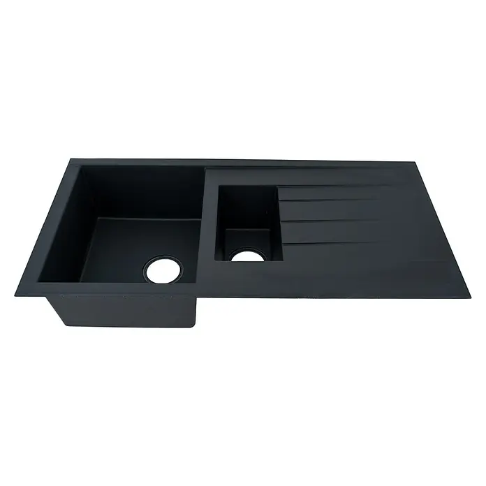 Respekta Einbauspüle Houston - 100 x 50 cm, Anzahl Becken: 1,5 Stk. - Eine moderne, schwarze Küchenspüle mit zwei Becken und einer Abtropffläche. Das Design ist schlicht und elegant, ideal für jede Küche.