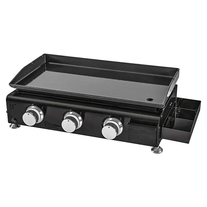 Kingstone Barbacoa de gas Nebraska - Superficie de la parrilla (An x Pr): 63,5 x 31 cm, Número de quemadores: 3 - La imagen muestra una parrilla de gas negra con tres perillas y una bandeja recogegrasas. La parrilla tiene patas ajustables y es adecuada para uso exterior.
