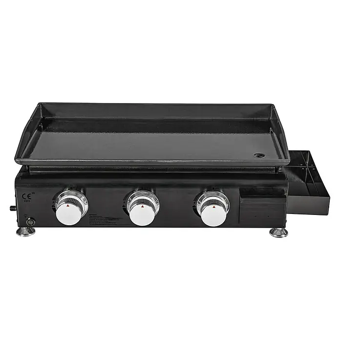 Kingstone Barbacoa de gas Nebraska - Superficie de la parrilla (An x Pr): 63,5 x 31 cm, Número de quemadores: 3 - En la imagen se ve una plancha de gas portátil negra con tres quemadores y una bandeja recogegrasas. Perfecta para camping y barbacoas al aire libre.