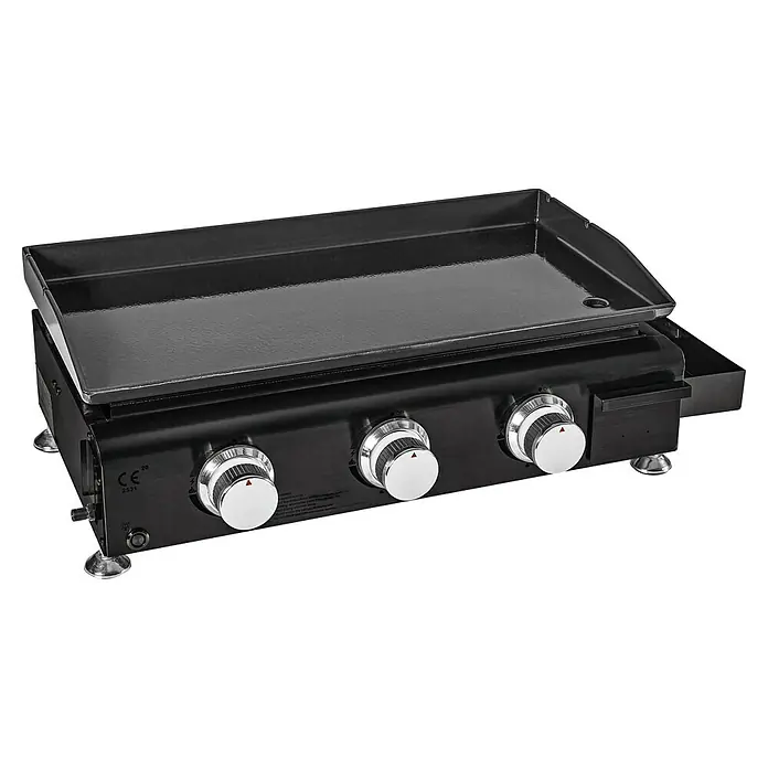 Kingstone Barbacoa de gas Nebraska - Superficie de la parrilla (An x Pr): 63,5 x 31 cm, Número de quemadores: 3 - La imagen muestra una plancha negra con tres perillas y una superficie plana para asar. Ideal para cocinar al aire libre.