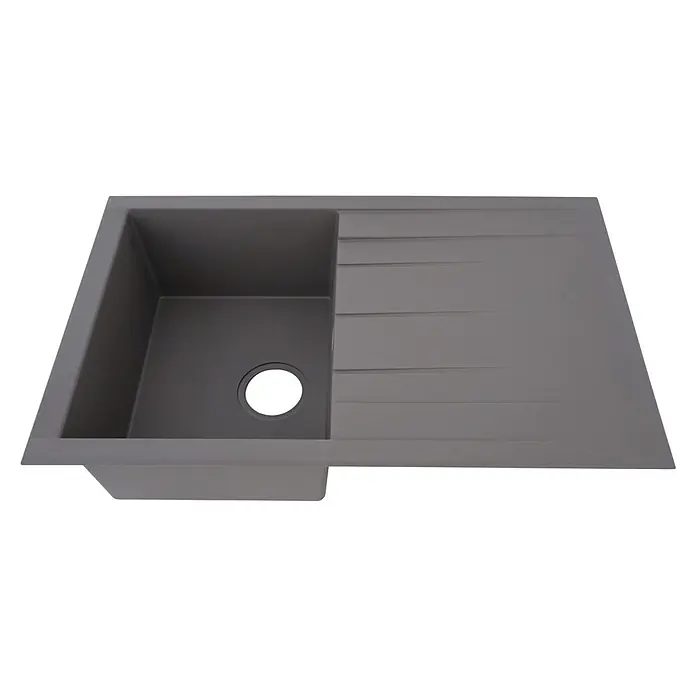 Respekta Einbauspüle Houston - 80 x 50 cm, Grau, Anzahl Becken: 1 Stk. - Nahaufnahme einer modernen, grauen Küchenspüle mit Abtropffläche. Das Design ist minimalistisch und funktional für eine stilvolle Küche.