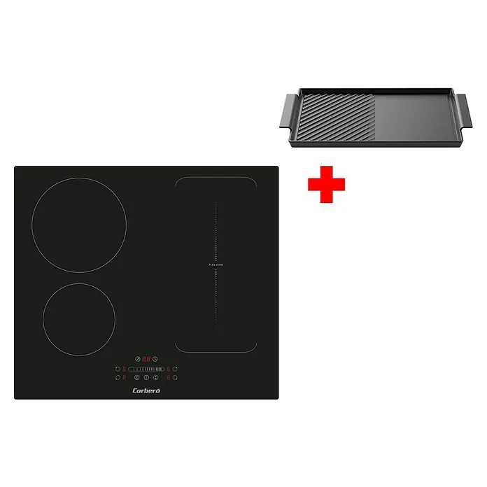 Corberó Placa de cocción CCIM3000FZ + Plancha - Número de fogones de inducción: 3 ud. - Esta imagen muestra una placa de inducción Cerberó con cuatro zonas de cocción y una plancha grill, disponible como accesorio.