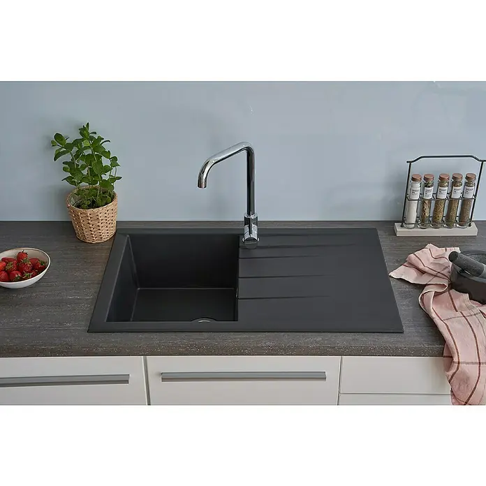 Respekta Einbauspüle Houston - 80 x 50 cm, Schwarz, Anzahl Becken: 1 Stk. - Moderne Küchenspüle aus schwarzem Silgranit mit Abtropffläche und Chromarmatur. Ideal für stilvolle Küchen.