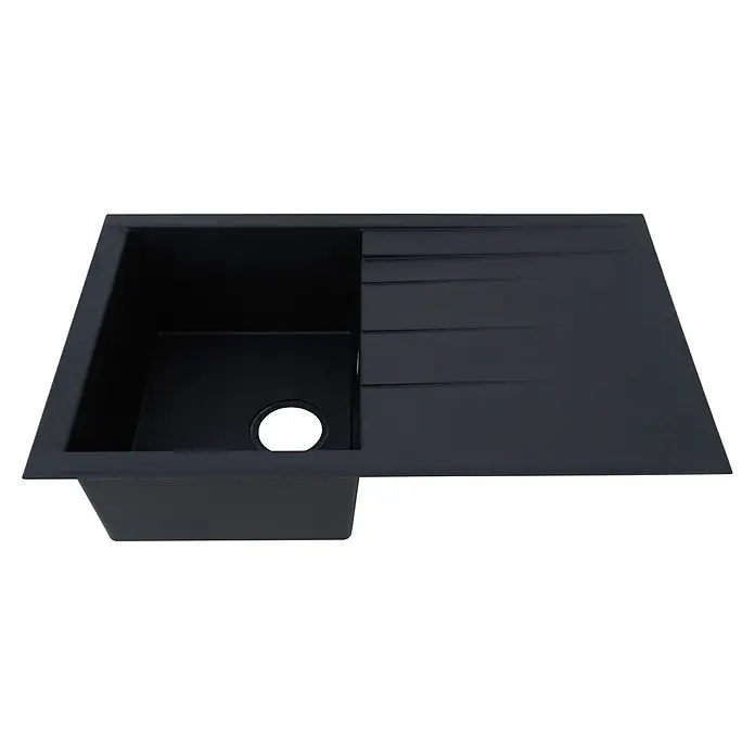 Respekta Einbauspüle Houston - 80 x 50 cm, Schwarz, Anzahl Becken: 1 Stk. - Nahaufnahme einer schwarzen Spüle mit Abtropffläche. Das moderne Design ist ideal für jede Küche.
