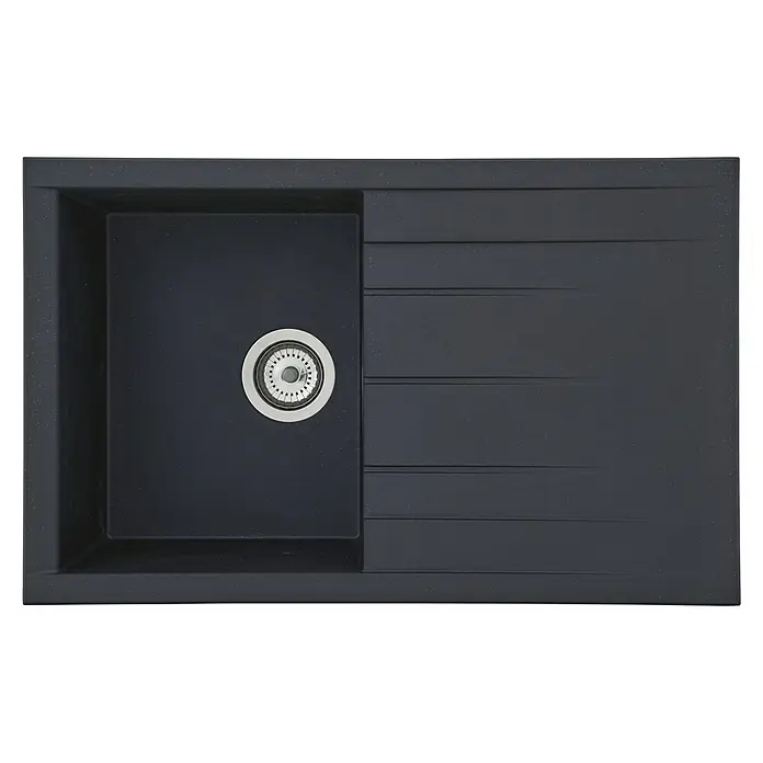 Respekta Einbauspüle Houston - 80 x 50 cm, Schwarz, Anzahl Becken: 1 Stk. - Eine moderne schwarze Spüle mit einem Becken und einer Ablauffläche mit Rillen für die Küche.