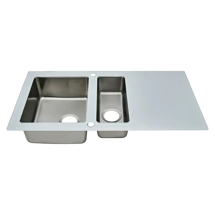 Respekta Einbauspüle New York - 100 x 50 cm, Edelstahl, Weiß - Edelstahlspüle mit zwei Becken und Abtropffläche, ideal für jede moderne Küche. Sie ist robust, hygienisch und leicht zu reinigen.