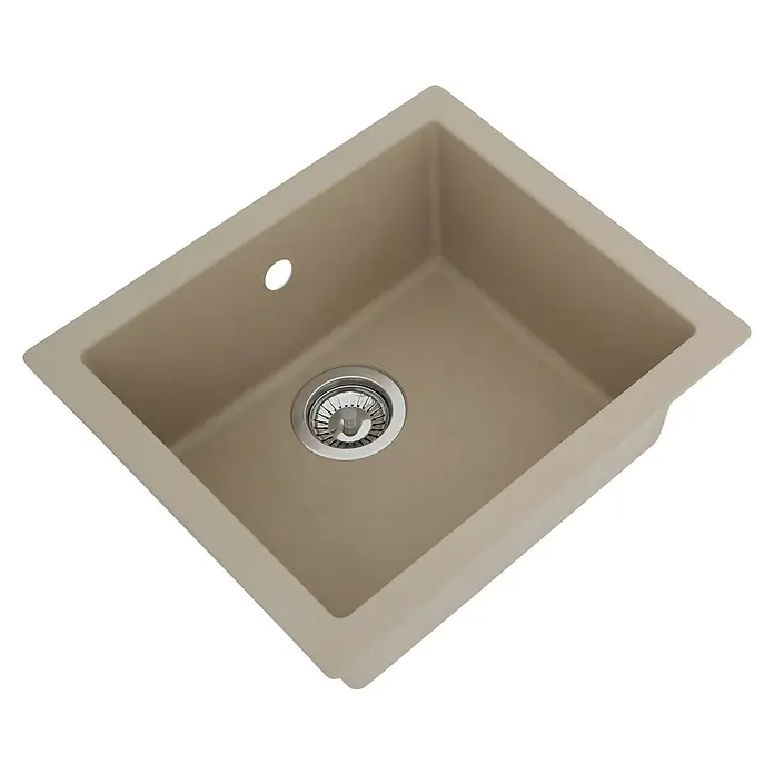 Respekta Einbauspüle Ohio - 50 x 44 cm, Sandbeige - Nahaufnahme einer sandfarbenen Spüle mit einem glänzenden, silbernen Abflussstopfen und einem Loch für einen Wasserhahn.