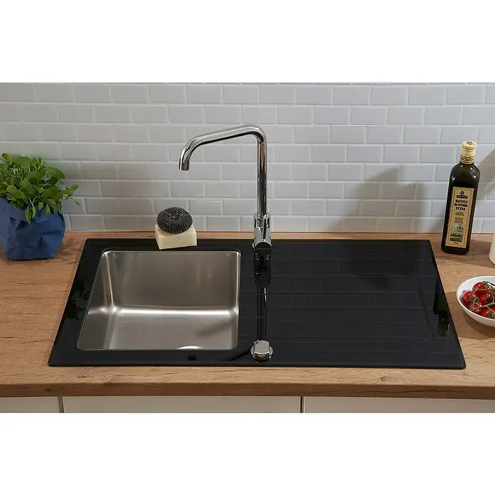 Respekta Einbauspüle New York - 86 x 50 cm, Edelstahl, Schwarz - Spültisch mit Edelstahlspüle, Abtropffläche, Armatur und Zubehör für die Küche. Elegantes Design für moderne Küchen.