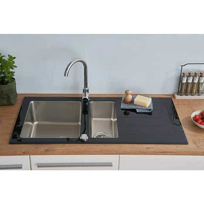Respekta Einbauspüle New York - 100 x 50 cm, Edelstahl, Schwarz - Spültisch mit Spüle, Armatur, Spülbürste, Seife und Geschirrtuch. Praktisches Zubehör für die moderne Küche im Haushalt.