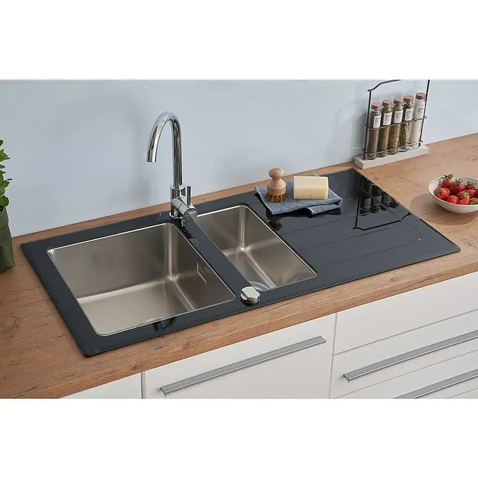 Respekta Einbauspüle New York - 100 x 50 cm, Edelstahl, Schwarz - Spültisch mit Edelstahlbecken, Armatur und Abtropffläche. Eine moderne Ergänzung für jede Küche, ideal für den täglichen Gebrauch.